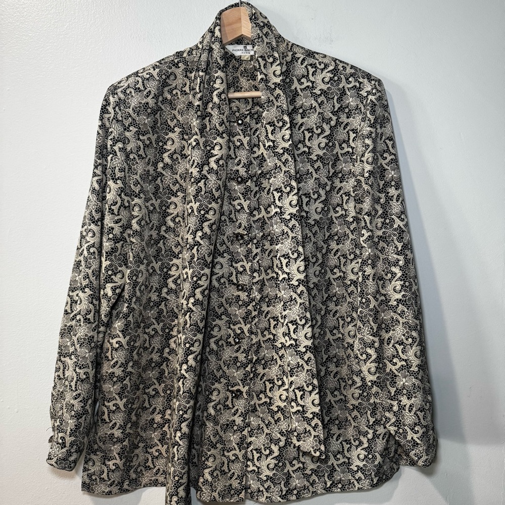 Pierre Balmain Blouse Button Down Scarf Tie Neck‎ Women's Romantic Victorian